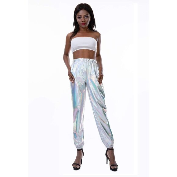 Womens Shiny Metallic Stretchy Pants Club Wear Holographic Trousers Sweat pant - Picture 4 of 5